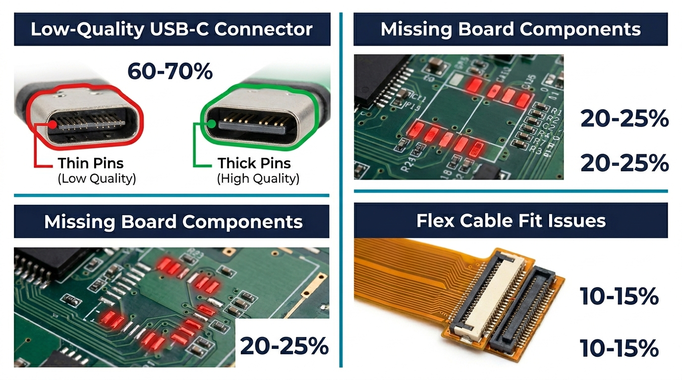 USB-C connector pin quality comparison between OEM and aftermarket parts