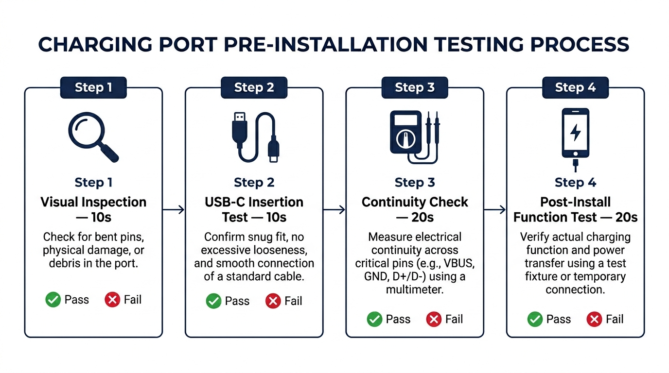 Pre-installation charging port testing workflow