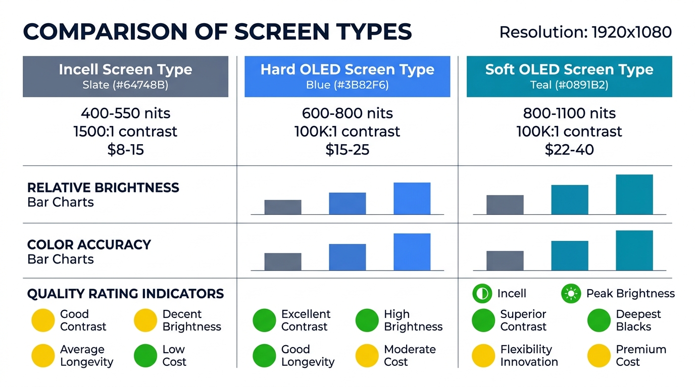 Incell vs Hard OLED vs Soft OLED key specs comparison infographic