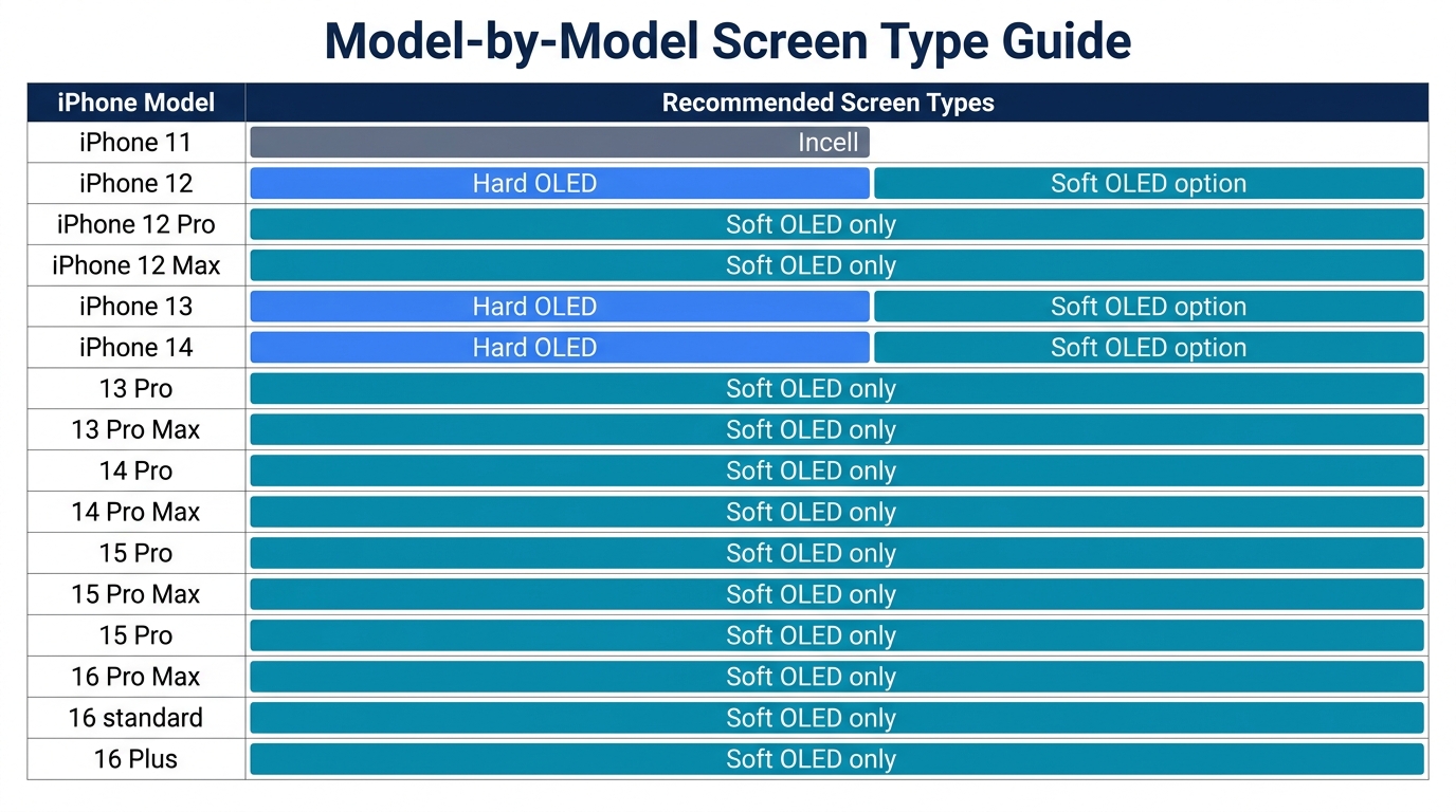 Model-by-model screen type recommendation guide for iPhone and Samsung