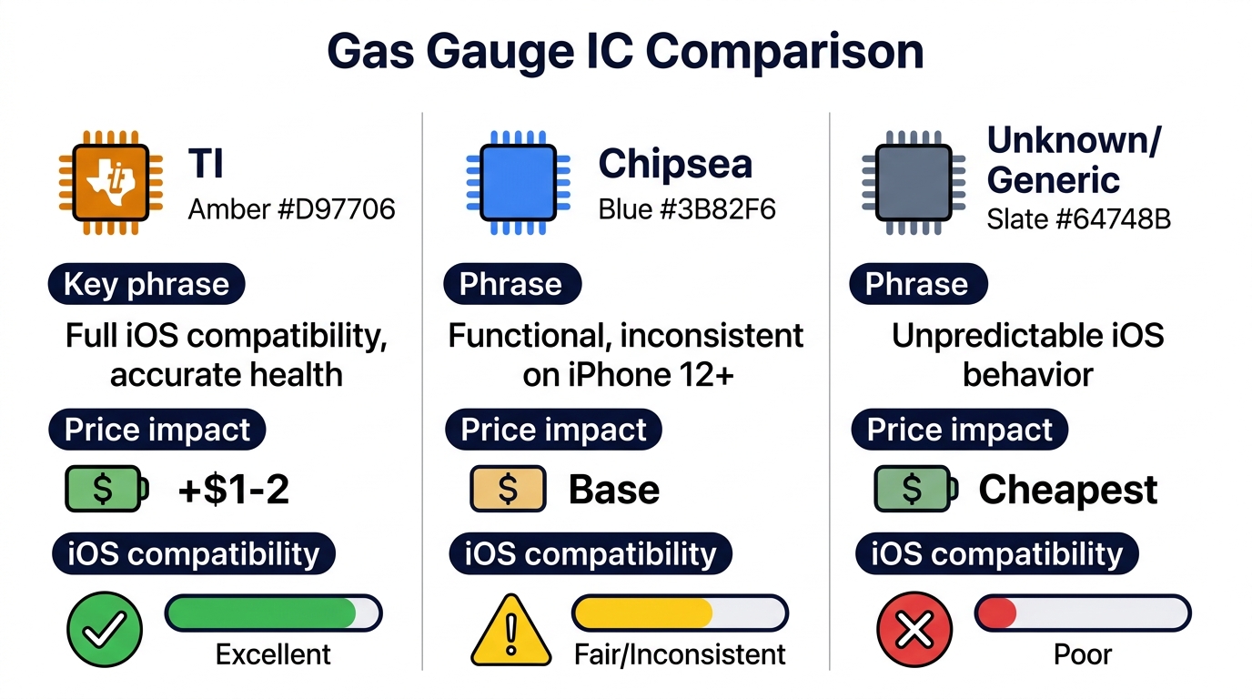 TI vs Chipsea gas gauge IC comparison for iPhone batteries