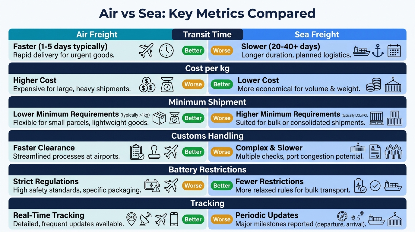 Air freight vs sea freight key differences comparison table