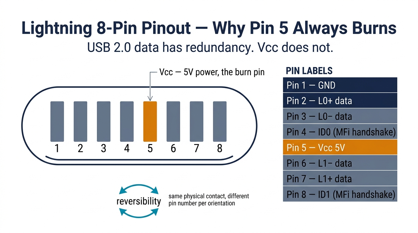 Lightning 8-pin pinout diagram with Pin 5 Vcc highlighted as the burn pin and reversibility callout