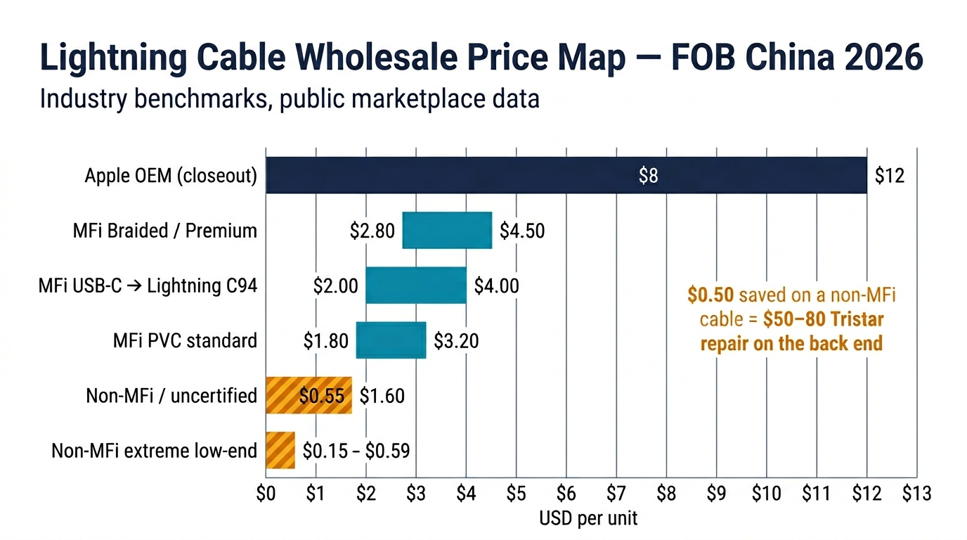 Horizontal bar chart of Lightning cable wholesale price ranges FOB China 2026, from Apple OEM closeout to non-MFi extreme low end