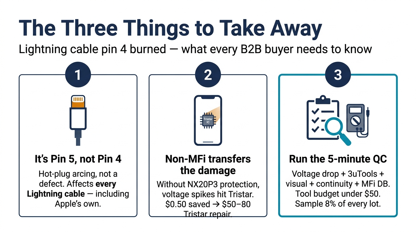 Three-step takeaway card summarizing the article: Pin 5 not Pin 4, non-MFi transfers damage to Tristar, run the 5-minute QC