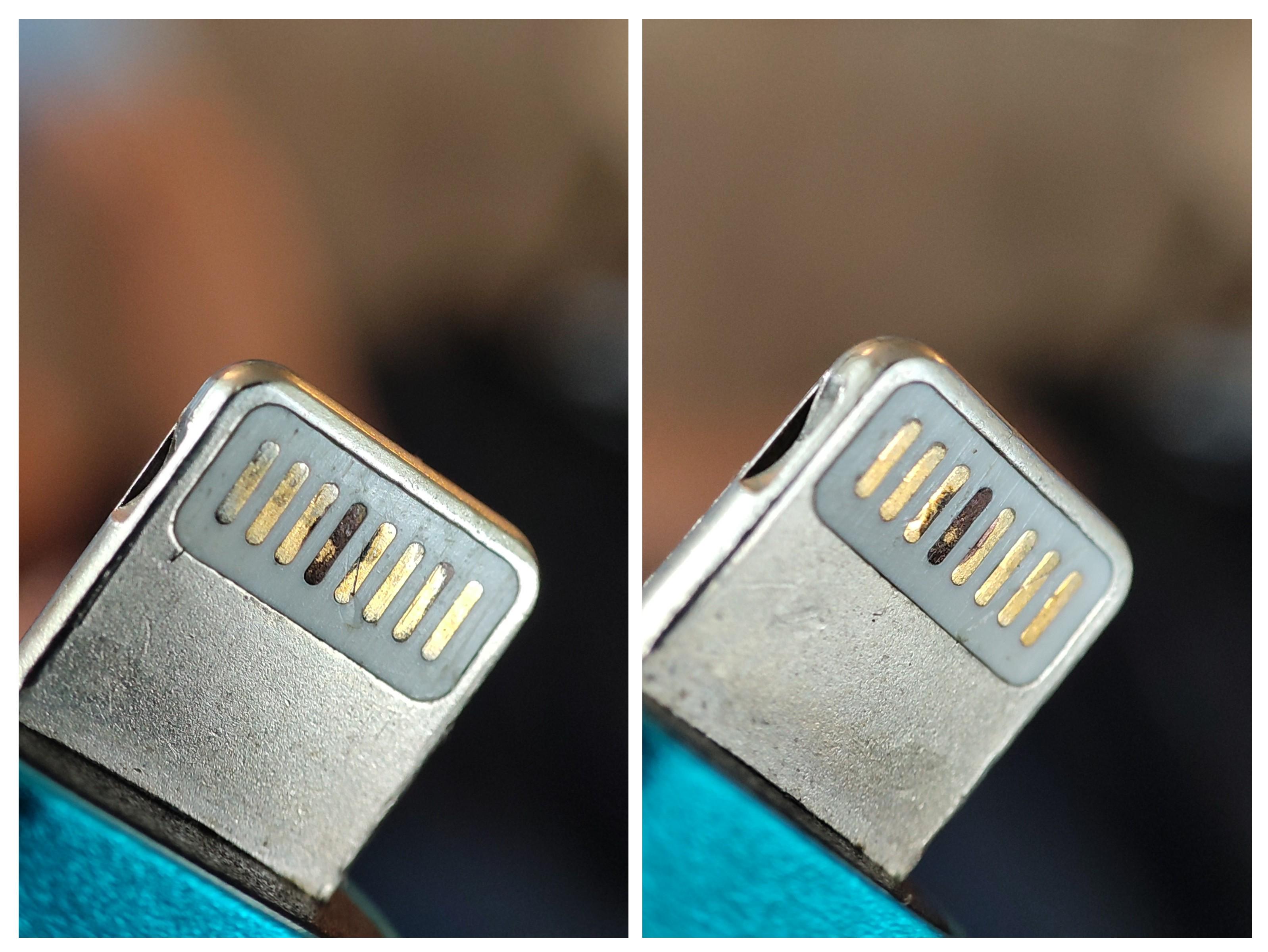 Original Reddit photo of a non-Apple Lightning cable with the fourth visible pin burned and corroded — the image that launched the 1,483-upvote thread on r/mobilerepair