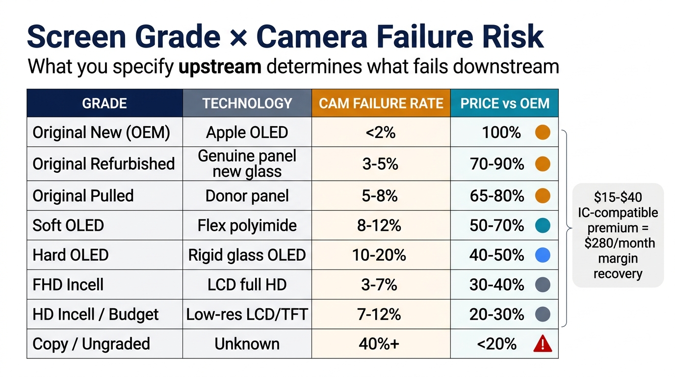 Screen grade × camera failure risk comparison table