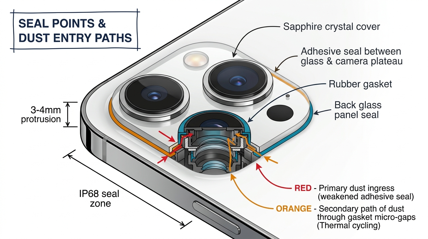iPhone Pro camera module cross-section showing seal points and dust entry paths through weakened adhesive seal and gasket micro-gaps from thermal cycling