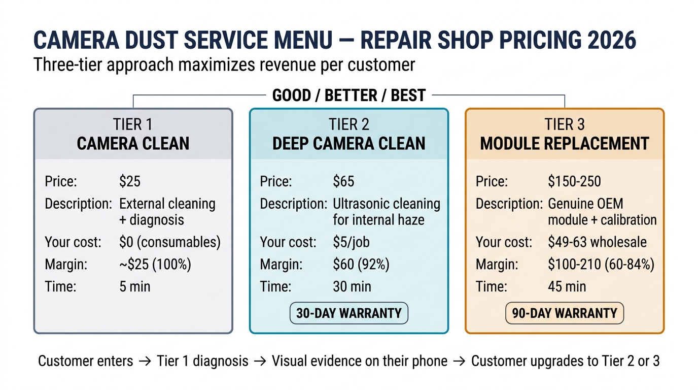 Three-tier camera dust service pricing menu for repair shops showing Camera Clean at $25, Deep Camera Clean at $65, and Module Replacement at $150-250 with margins and warranties