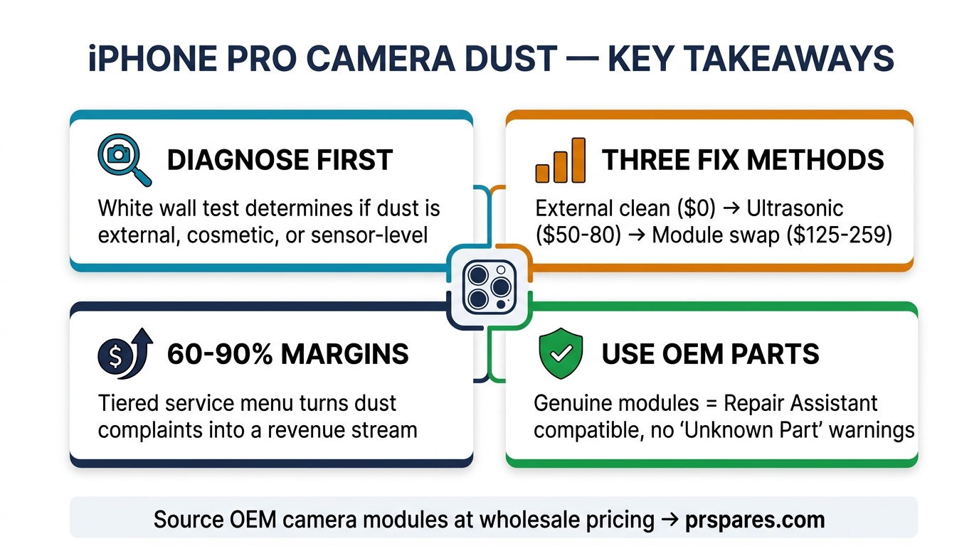 iPhone Pro camera dust key takeaways summary showing four cards: diagnose first, three fix methods, 60-90% margins, and use OEM parts