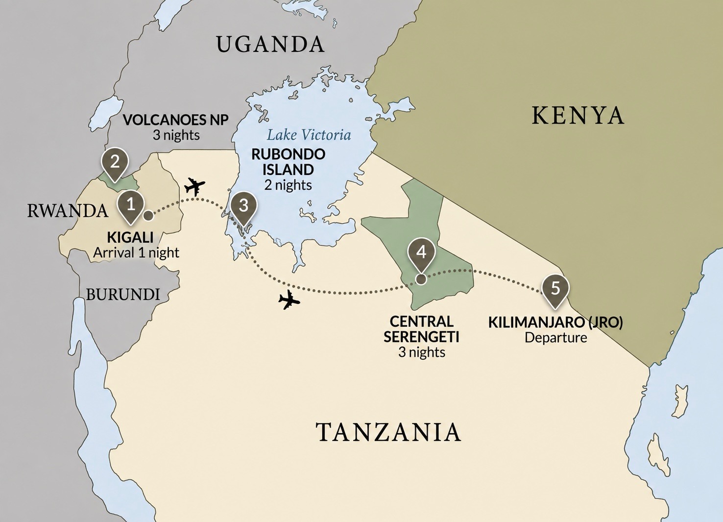 Gorillas, Chimps & the Serengeti route map
