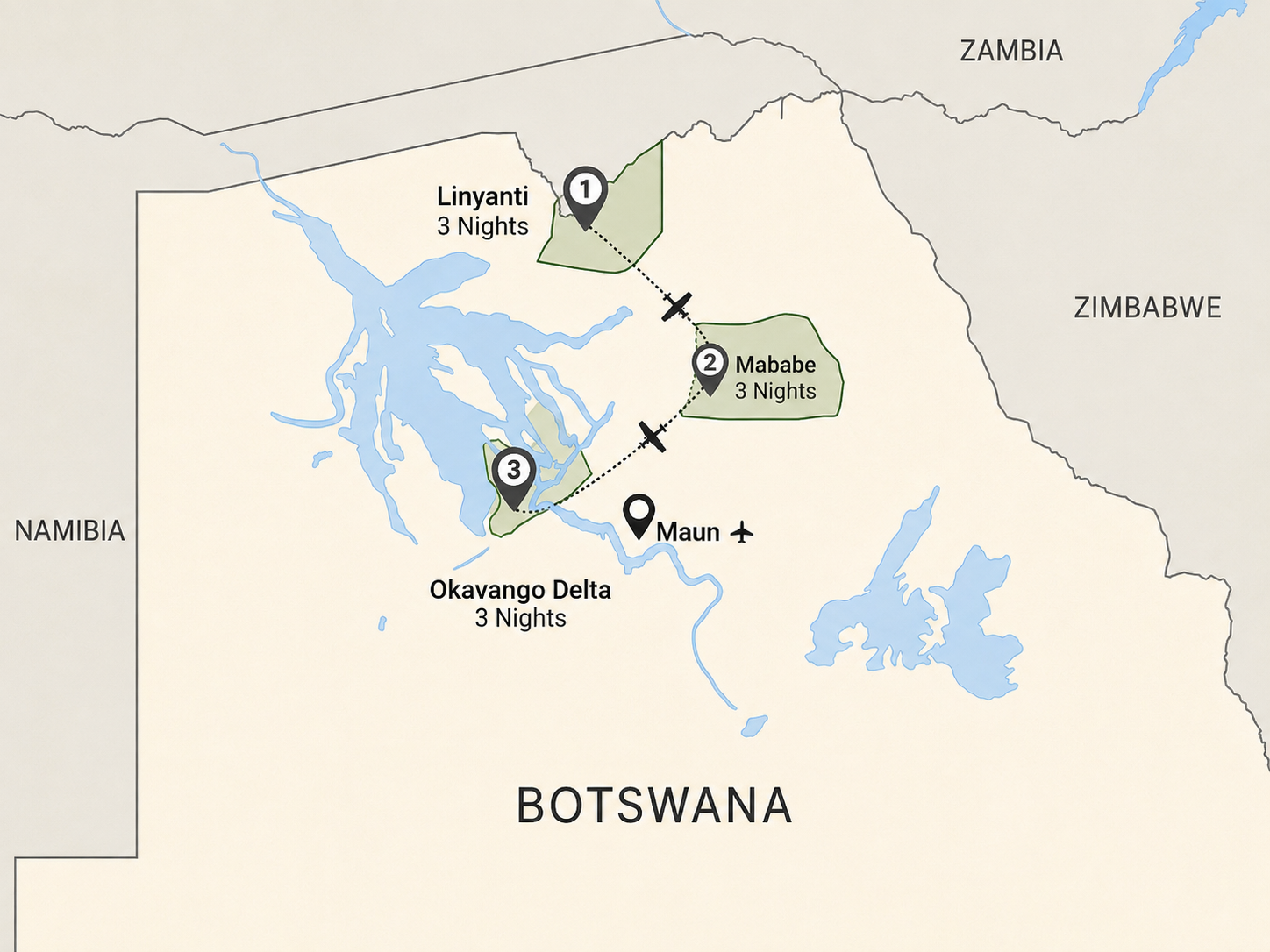 Botswana's Wild North and the Okavango Delta route map