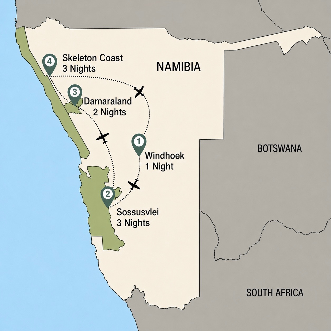 Namibia: Dunes, Rhinos & the Skeleton Coast route map