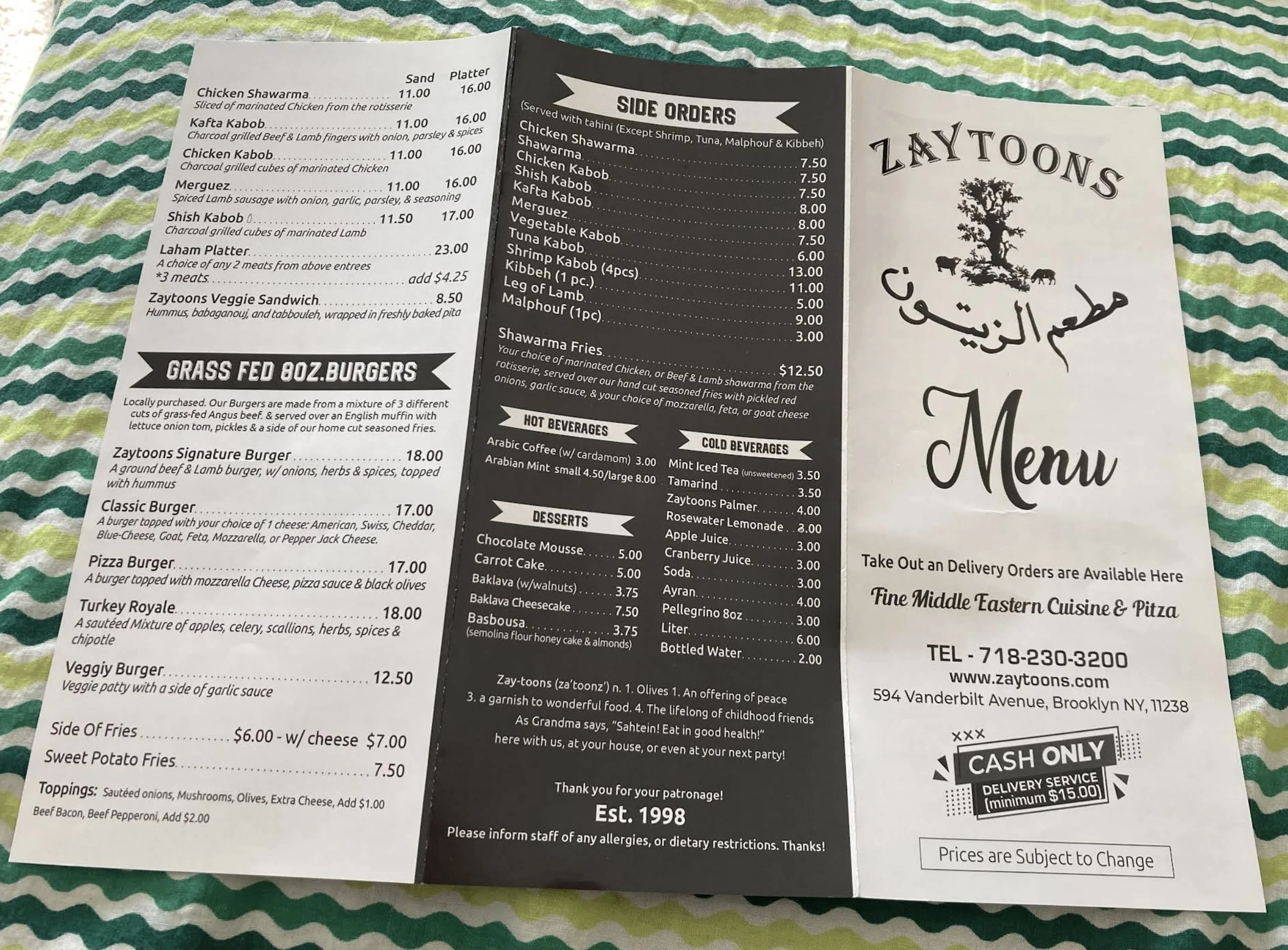 Restaurant menu showing cash-only note in the delivery section