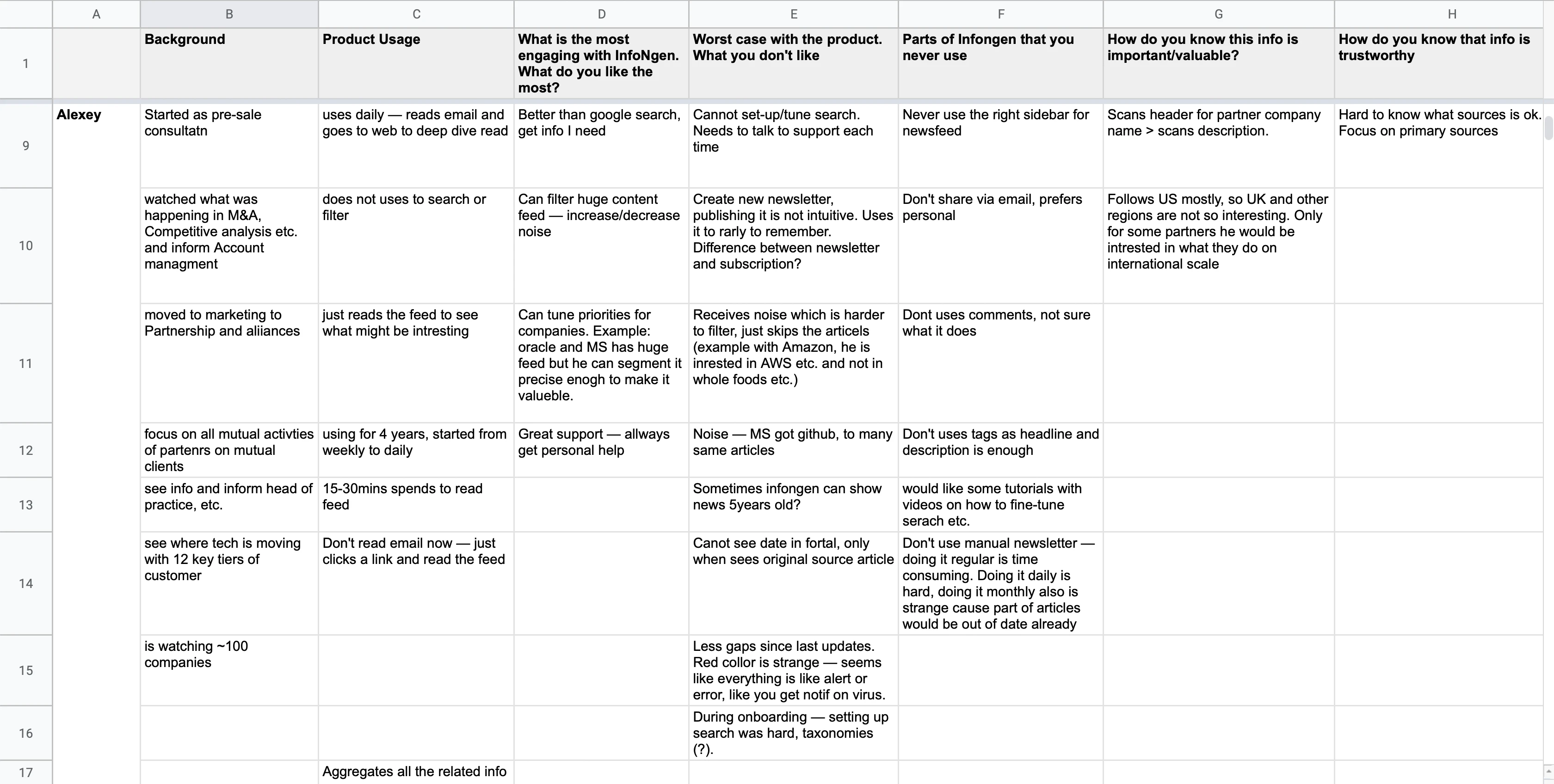 Research insights spreadsheet