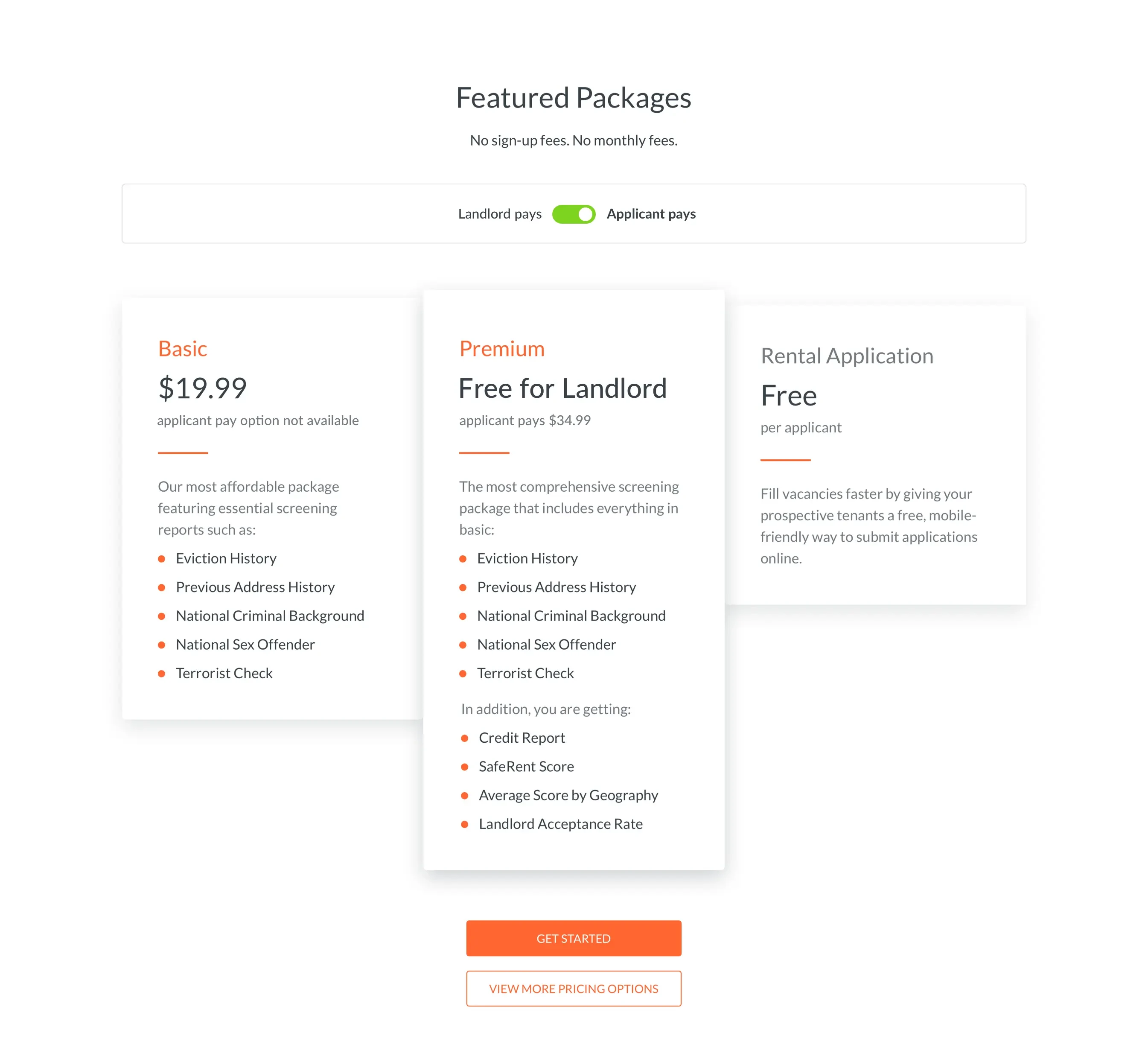 Pricing page for Renters