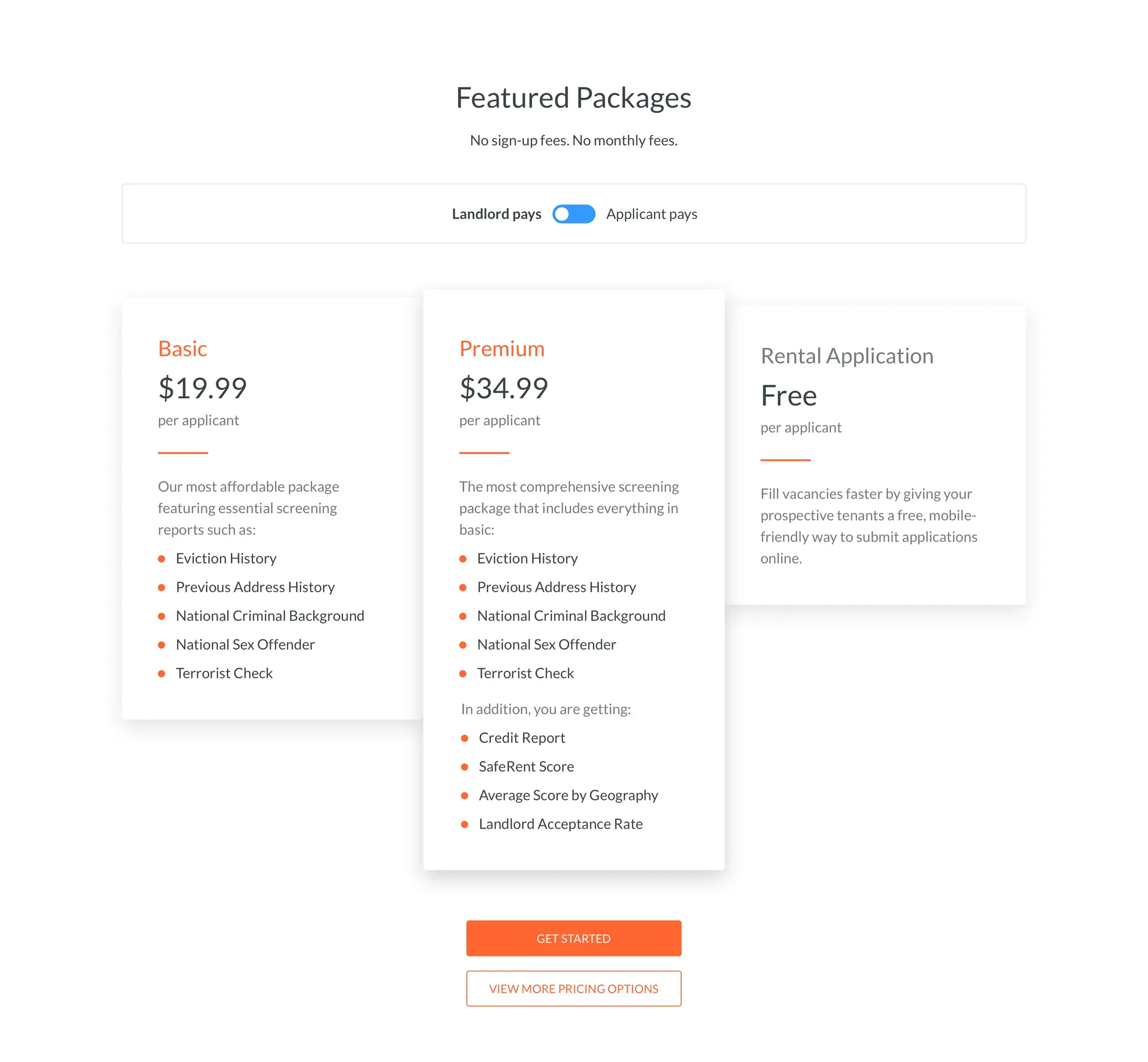Pricing page for Landlords