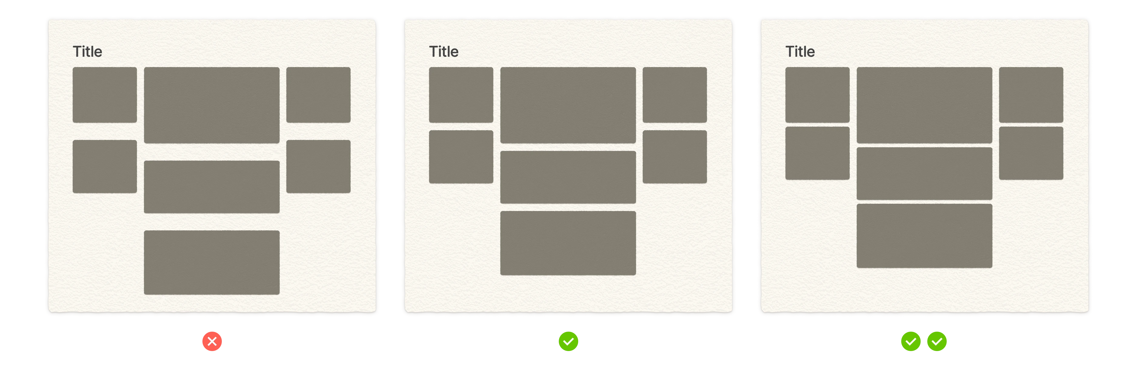 Three layout examples comparing different spacing approaches