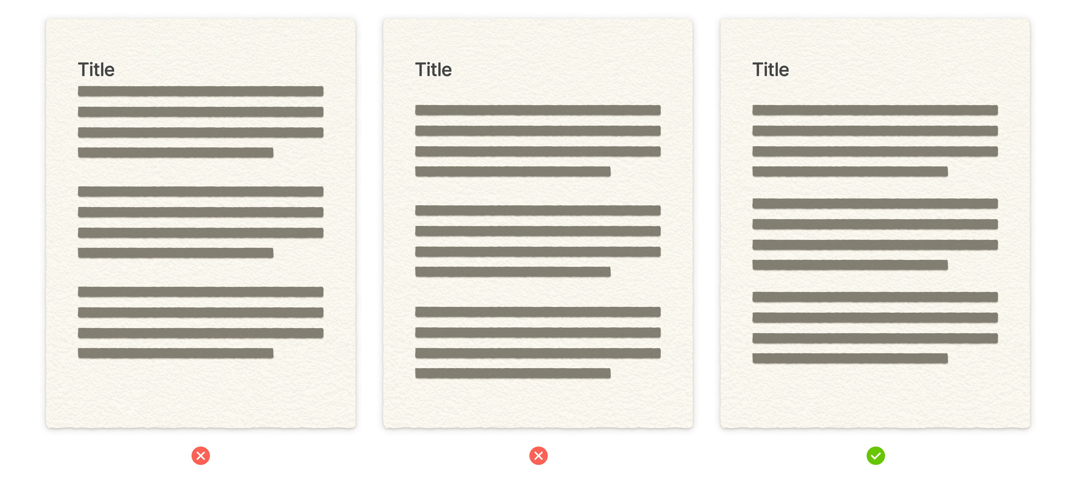Three layout examples with different spacing between title and paragraphs