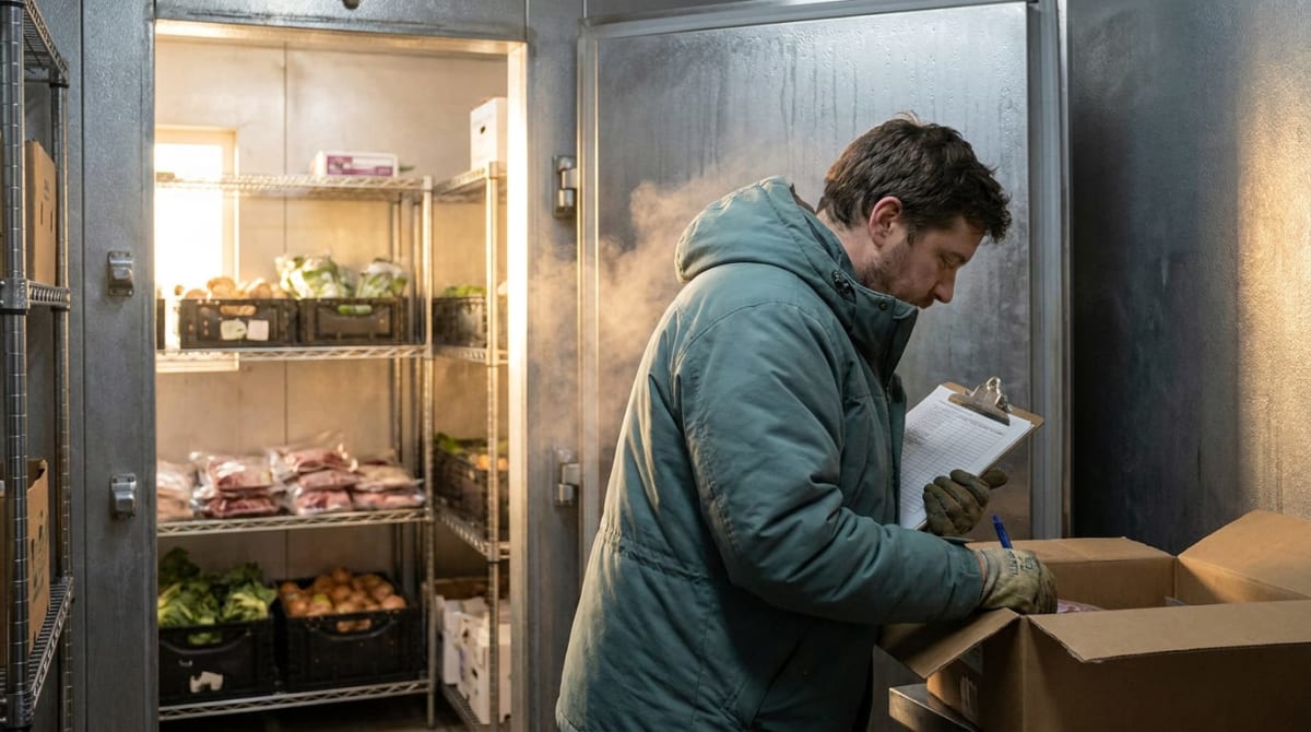 Operator counting walk-in cooler stock at dawn before predictive AI inventory ordering