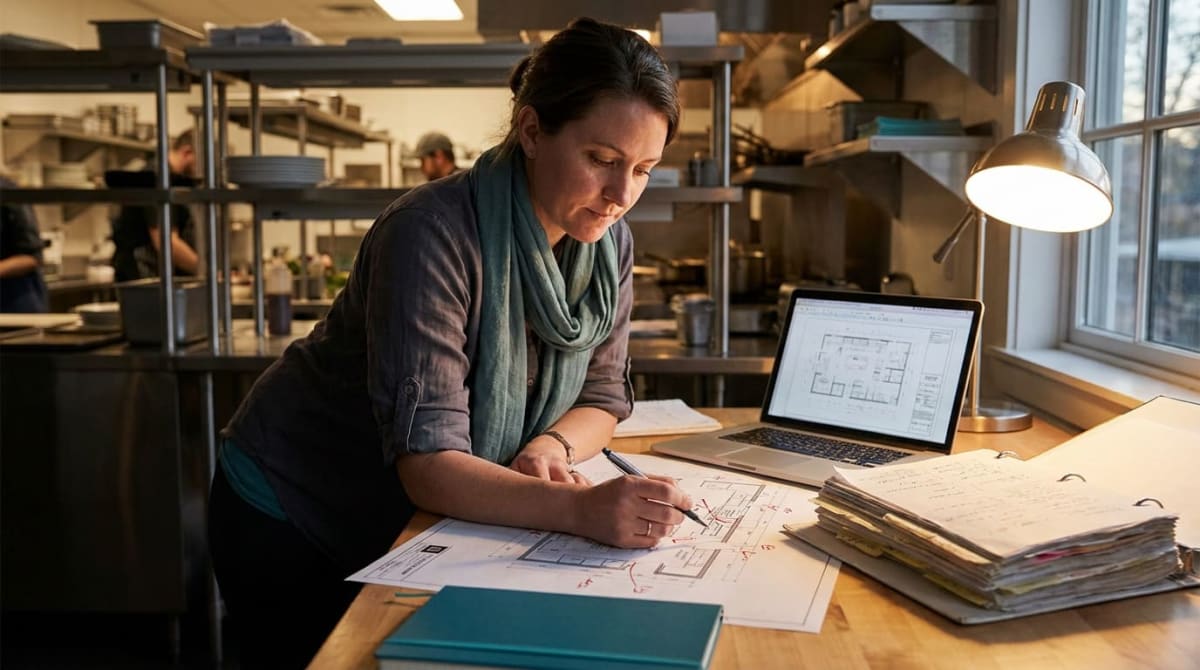 Foodservice consultant drafting a project proposal with an AI proposal generator at night