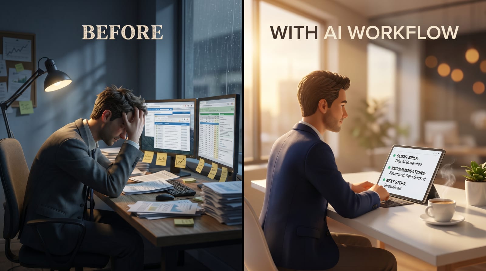 Side-by-side comparison of an advisor preparing for a client meeting with and without an AI summarization workflow