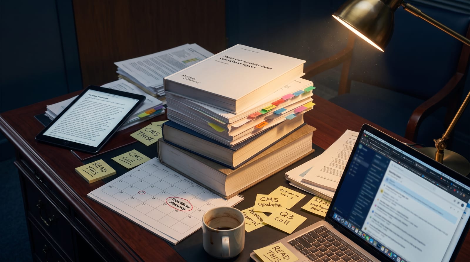 Advisor's reading pile of saved reports, PDFs and bookmarked articles — the intellectual debt every consultant carries