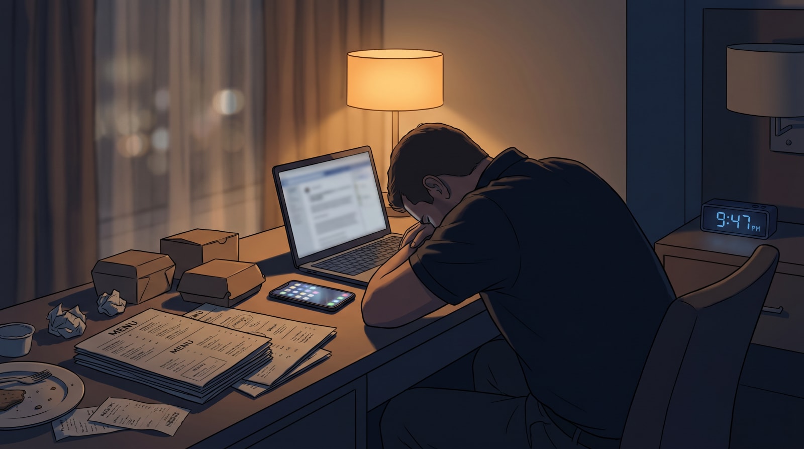 Foodservice sales rep typing an end-of-day report at night, surrounded by receipts, a laptop and a phone