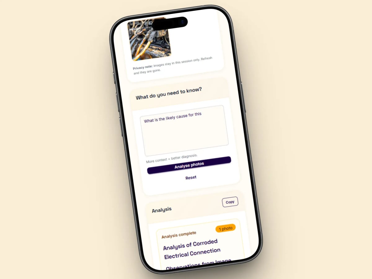 Tradie Assistant Smart Vision diagnosing a fault from a photo