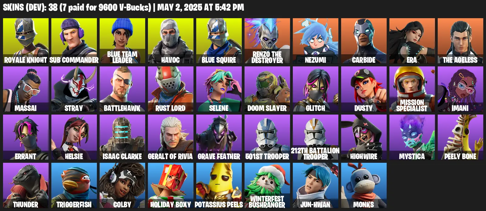38 Skins, Take The L, Royale Knight, Blue Squire, Sub Commander, Blue Team Leader, Havoc, Renzo the Destroyer, Nezumi, Carbide [PC/XBOX]