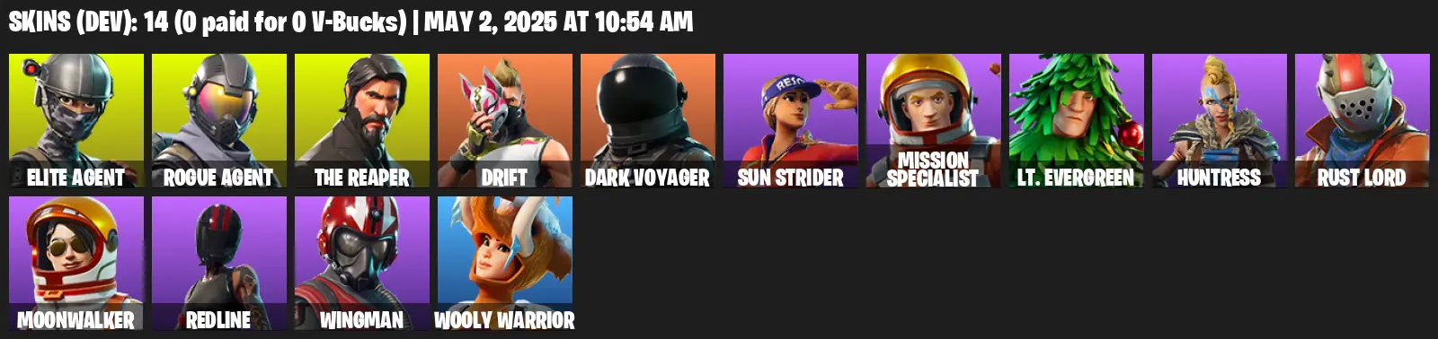 14 Skins, 550 V-bucks, Take The L, The Reaper, Elite Agent, Rogue Agent, Drift, Dark Voyager, Sun Strider, Mission Specialist [PC/XBOX]