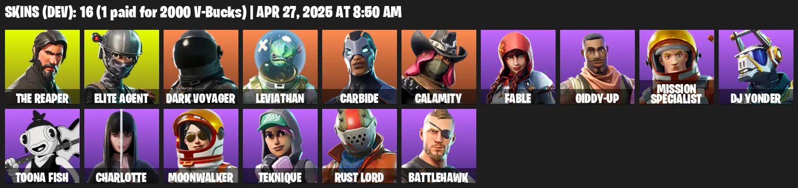 16 Skins, 550 V-bucks, Take The L, The Reaper, Elite Agent, Dark Voyager, Leviathan, Carbide, Calamity, Fable, Giddy-up [PC/XBOX]