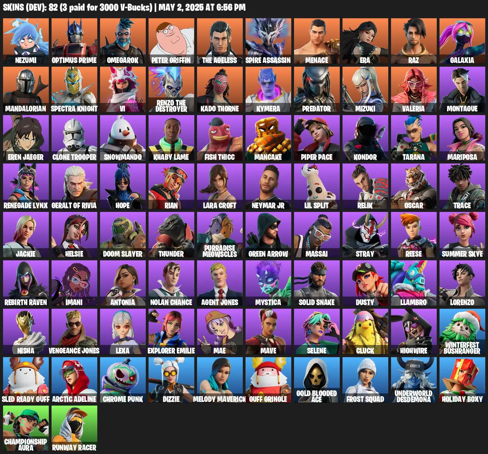 82 Skins, Lara Croft, Nezumi, Optimus Prime, Omegarok, Peter Griffin, The Ageless, Spire Assassin, Menace, 1050 VB [PC/PSN/XBOX]