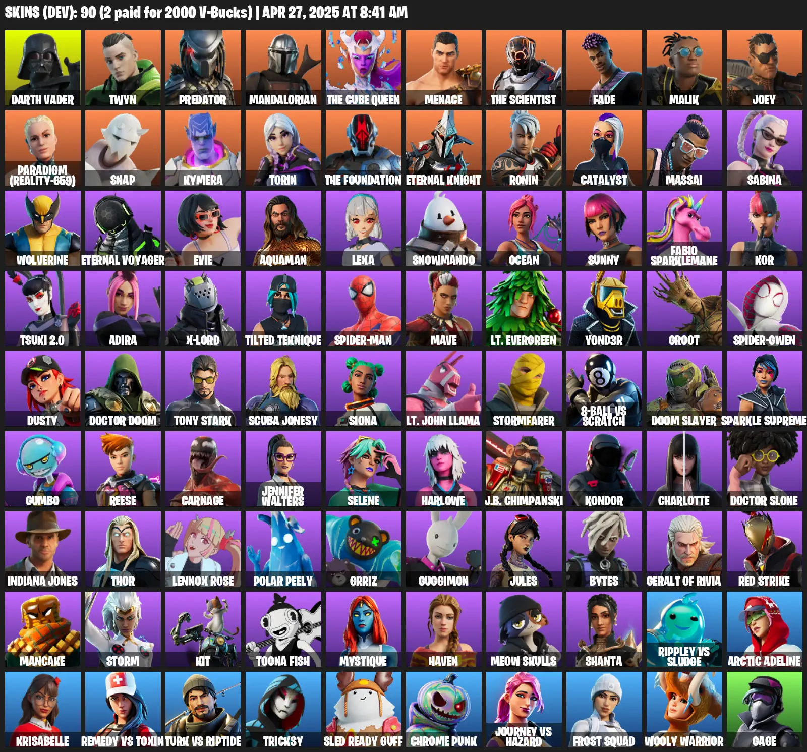 90 Skins, Darth Vader, Twyn, Predator, Mandalorian, The Cube Queen, Menace, The Scientist, Fade, Malik, Joey, Snap, Kymera [PC/PSN]
