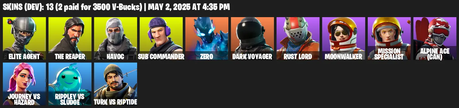 13 Skins, Take The L, The Reaper, Elite Agent, Havoc, Sub Commander, Zero, Dark Voyager, Rust Lord, Moonwalker, Solar Slicer [PC/PSN]