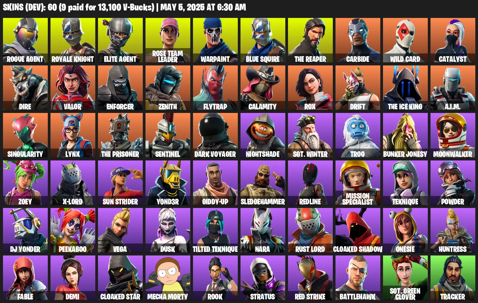 60 Skins, Og Stw, Floss, Take The L, Royale Knight, The Reaper, Elite Agent, Blue Squire, Rogue Agent, Rose Team Leader, Dire [PC/XBOX]