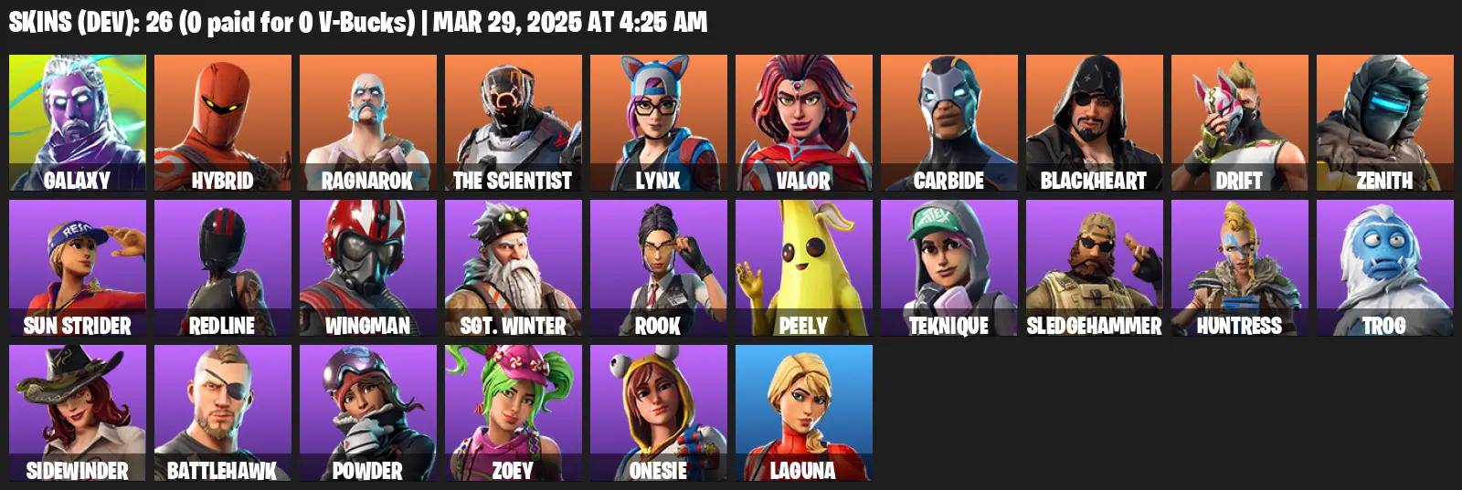 26 Skins, Galaxy, Hybrid, Ragnarok, The Scientist, Lynx, Valor, Carbide, Blackheart, Drift, Zenith, Sun Strider, Rook [PC/PSN/XBOX]