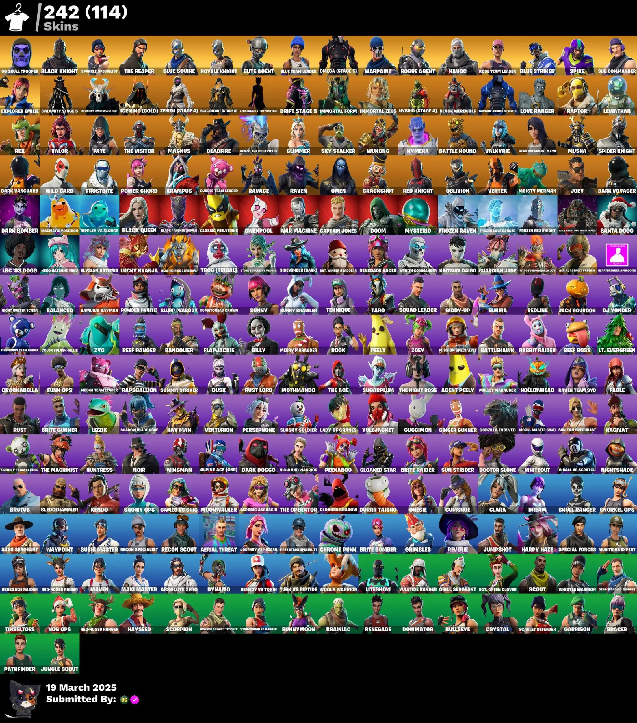 242 Skins, OG STW, Og Skull Trooper, Black Knight, Sparkle Specialist, The Reaper, Blue Squire, Royale Knight, Purple Skull Trooper, 400 VB [PC]