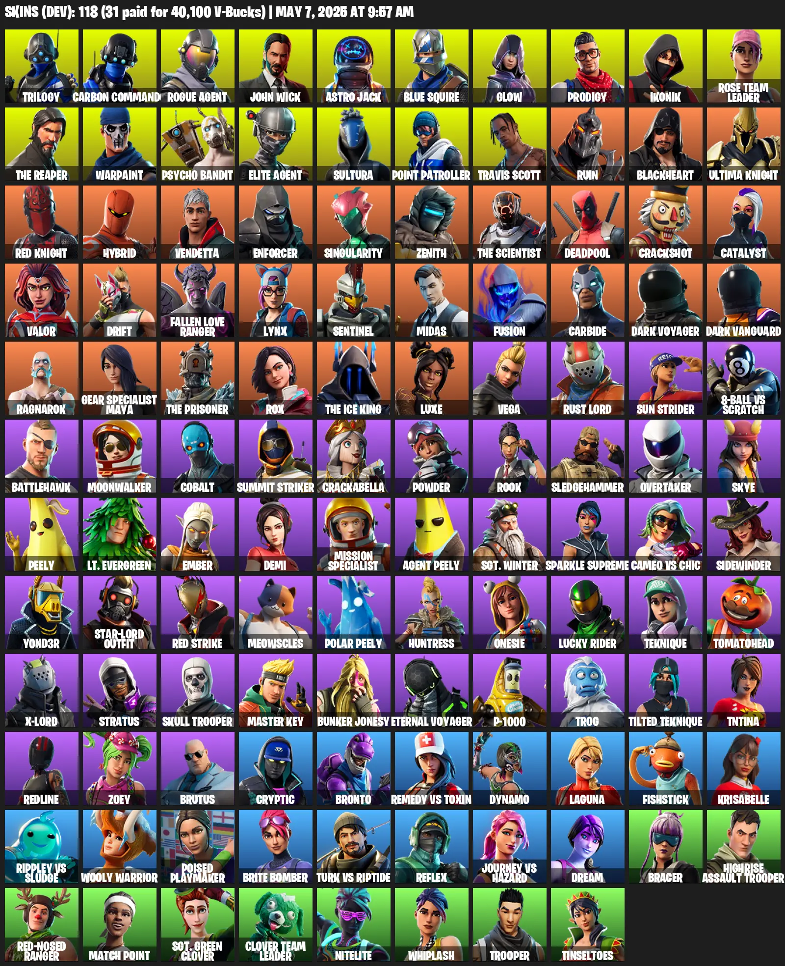 118 Skins, OG STW, Take The L, IKONIK, Travis Scott, Psycho Bandit, The Reaper, Elite Agent, Blue Squire, Trilogy, Rogue Agent [PC/PSN]