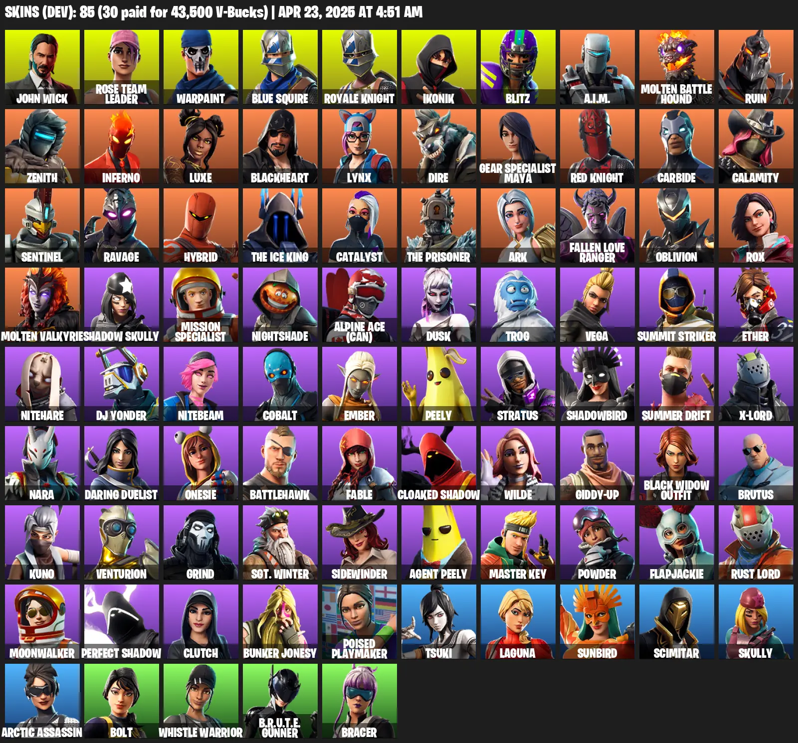 85 Skins, 755 VB, OG STW, Take The L, IKONIK, Royale Knight, Blue Squire, John Wick, Rose Team Leader, Warpaint, Blitz [PC/XBOX]