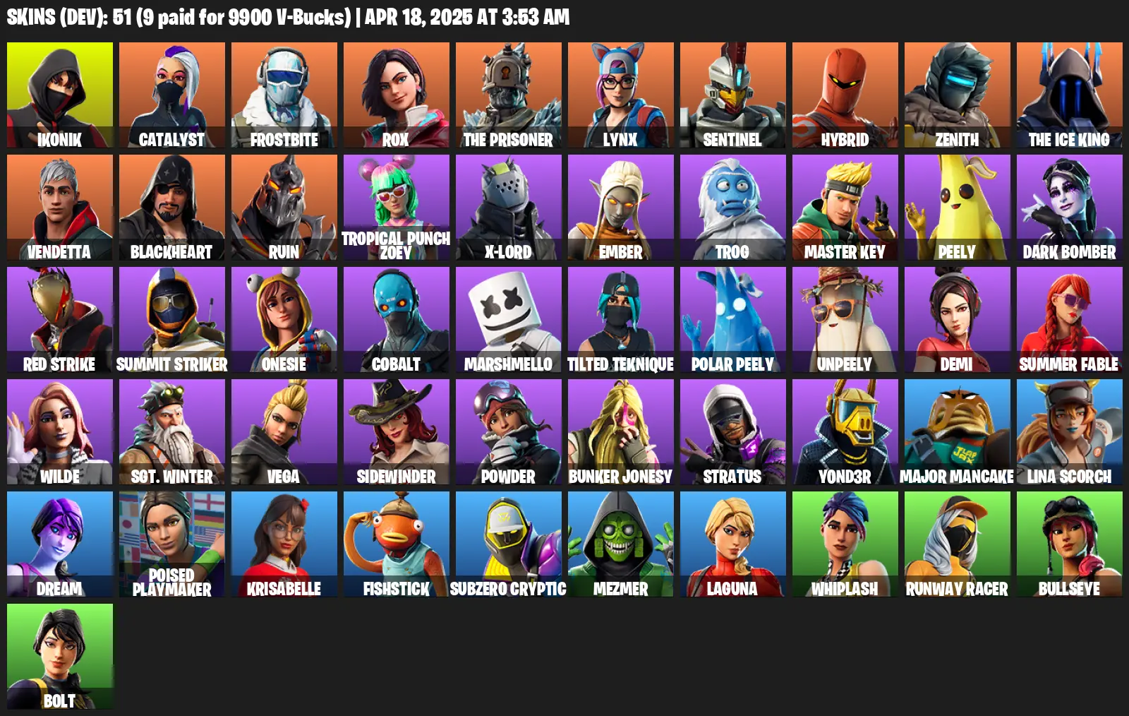 51 Skins, IKONIK, Catalyst, Frostbite, Rox, The Prisoner, Lynx, Sentinel, Hybrid, Zenith, The Ice King, Vendetta, Ruin [PC/PSN/XBOX]