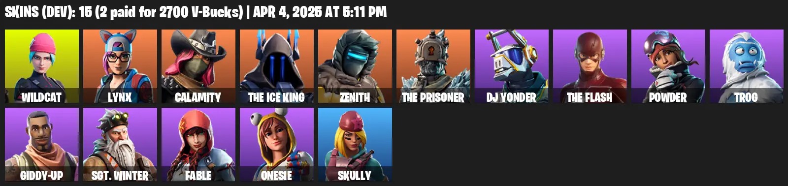 15 Skins, Wildcat, Lynx, Calamity, The Ice King, Zenith, The Prisoner, DJ Yonder, The Flash, Powder, Trog, Giddy-up [PC/PSN/XBOX]