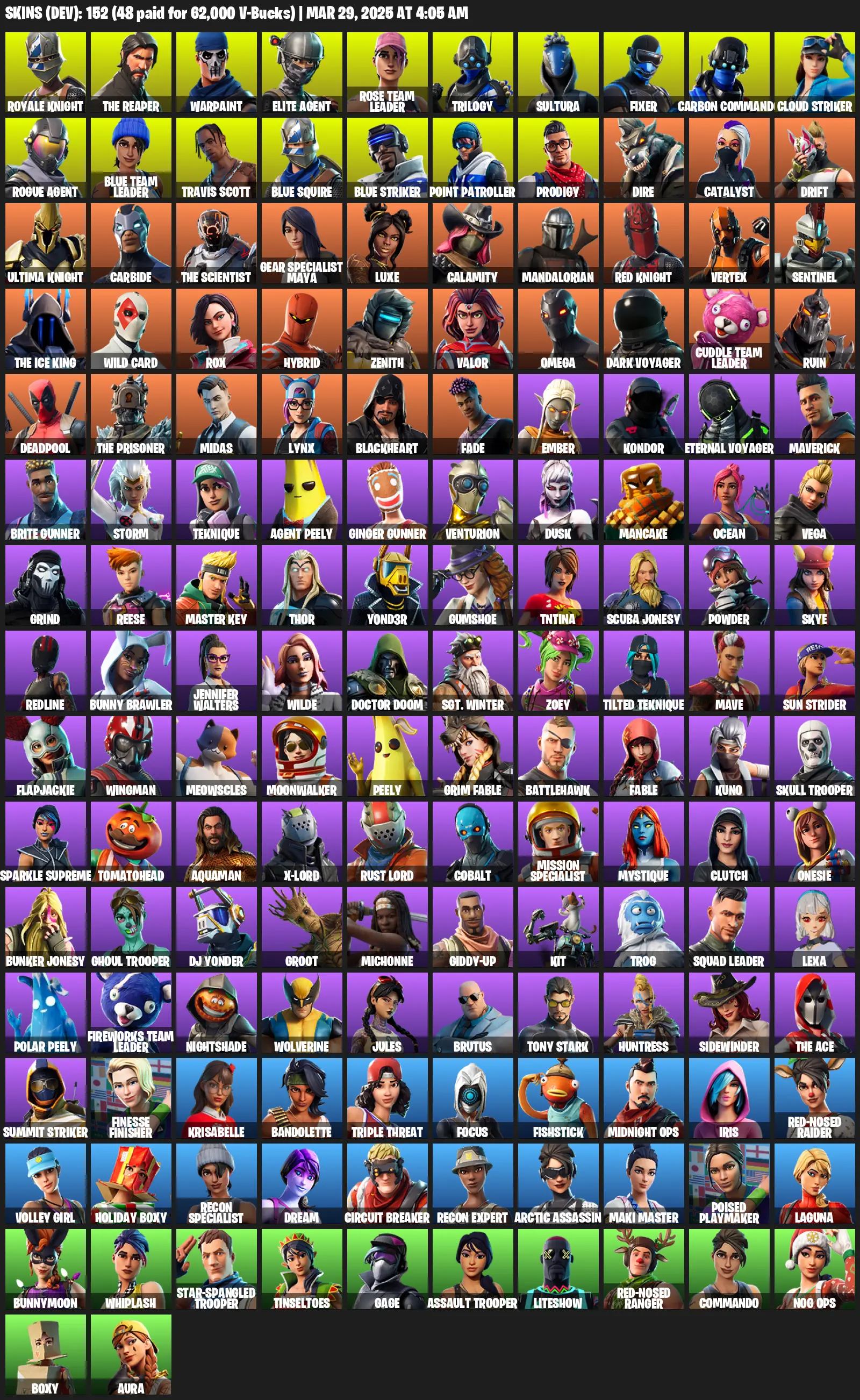 152 Skins, OG STW, Take The L, Travis Scott, Royale Knight, The Reaper, Elite Agent, Blue Squire, Omega, Warpaint, Trilogy [PC/XBOX]