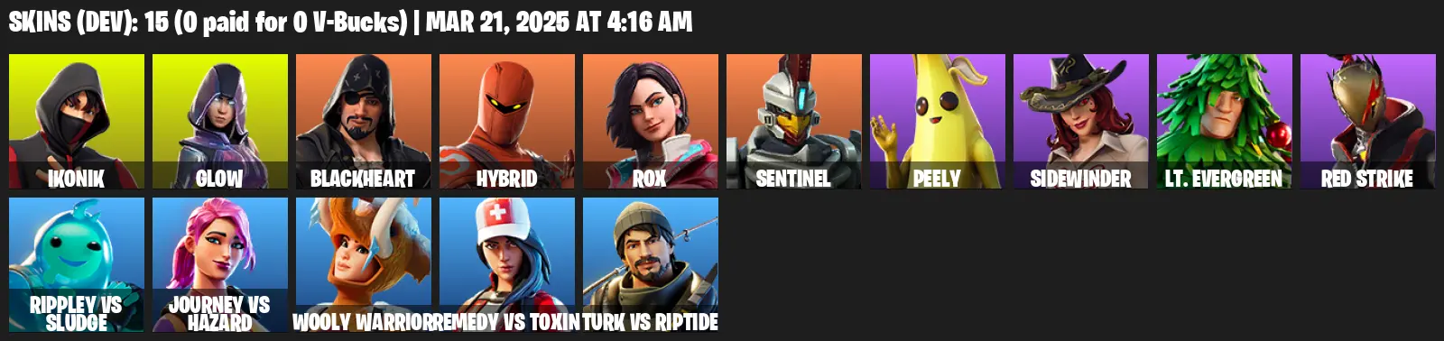 15 Skins, 700 VB, IKONIK, Glow, Blackheart, Hybrid, Rox, Sentinel, Peely, Sidewinder, Lt. Evergreen, Red Strike [PC/PSN/XBOX]