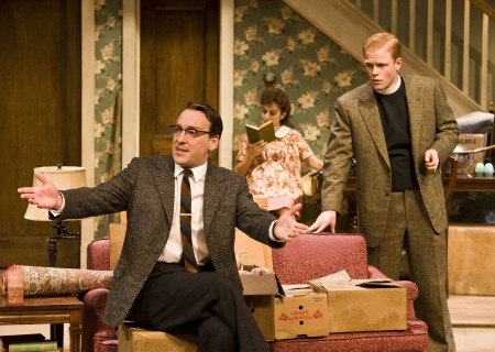 (L–R) Jeremy Shamos, Annie Parisse, and Brendan Griffin in “Clybourne Park” at the Taper.<br />
       