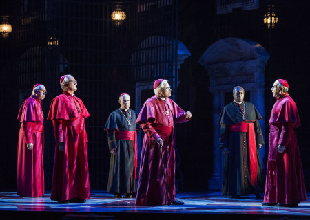 (L–R) Kevin Colson, John O’May, George Spartels, Bernard Lloyd, Roy Lewis, and David Suchet in "The Last Confession" at the Ahmanson Theatre.