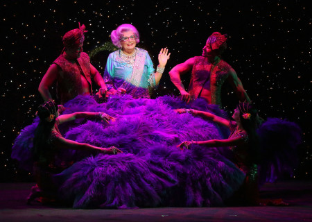 Dame Edna onstage at the Ahmanson Theatre in the Australia/New Zealand tour of 'Eat Pray Laugh! Barry Humphries' Farewell Tour,' adapted for the U.S. as 'Dame Edna's Glorious Goodbye – The Farewell Tour.'<br />
