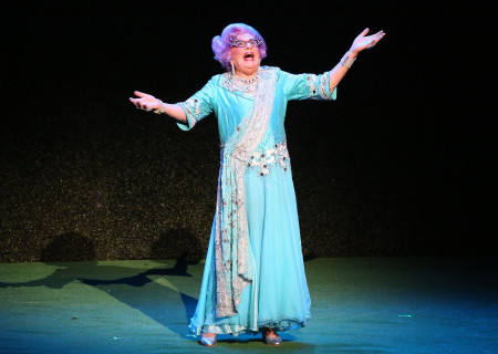 Dame Edna onstage at the Ahmanson Theatre in the Australia/New Zealand tour of 'Eat Pray Laugh! Barry Humphries' Farewell Tour,' adapted for the U.S. as 'Dame Edna's Glorious Goodbye – The Farewell Tour.'<br />
