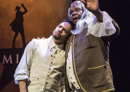 L-R: William Cooper Howell and Dedrick A. Bonner in the West Coast premiere of “Spamilton” at Center Theatre Group’s Kirk Douglas Theatre. Created, written and directed by Gerard Alessandrini, “Spamilton” continues through January 7, 2018. For tickets and information, please visit CenterTheatreGroup.org or call (213) 628-2772. Media Contact: CTGMedia@CTGLA.org / (213) 972-7376. Photo by Craig Schwartz.