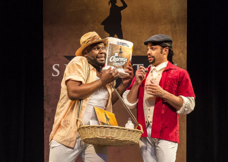 L-R: Dedrick A. Bonner and William Cooper Howell in the West Coast premiere of “Spamilton” at Center Theatre Group’s Kirk Douglas Theatre. Created, written and directed by Gerard Alessandrini, “Spamilton” continues through January 7, 2018. For tickets and information, please visit CenterTheatreGroup.org or call (213) 628-2772. Media Contact: CTGMedia@CTGLA.org / (213) 972-7376. Photo by Craig Schwartz.